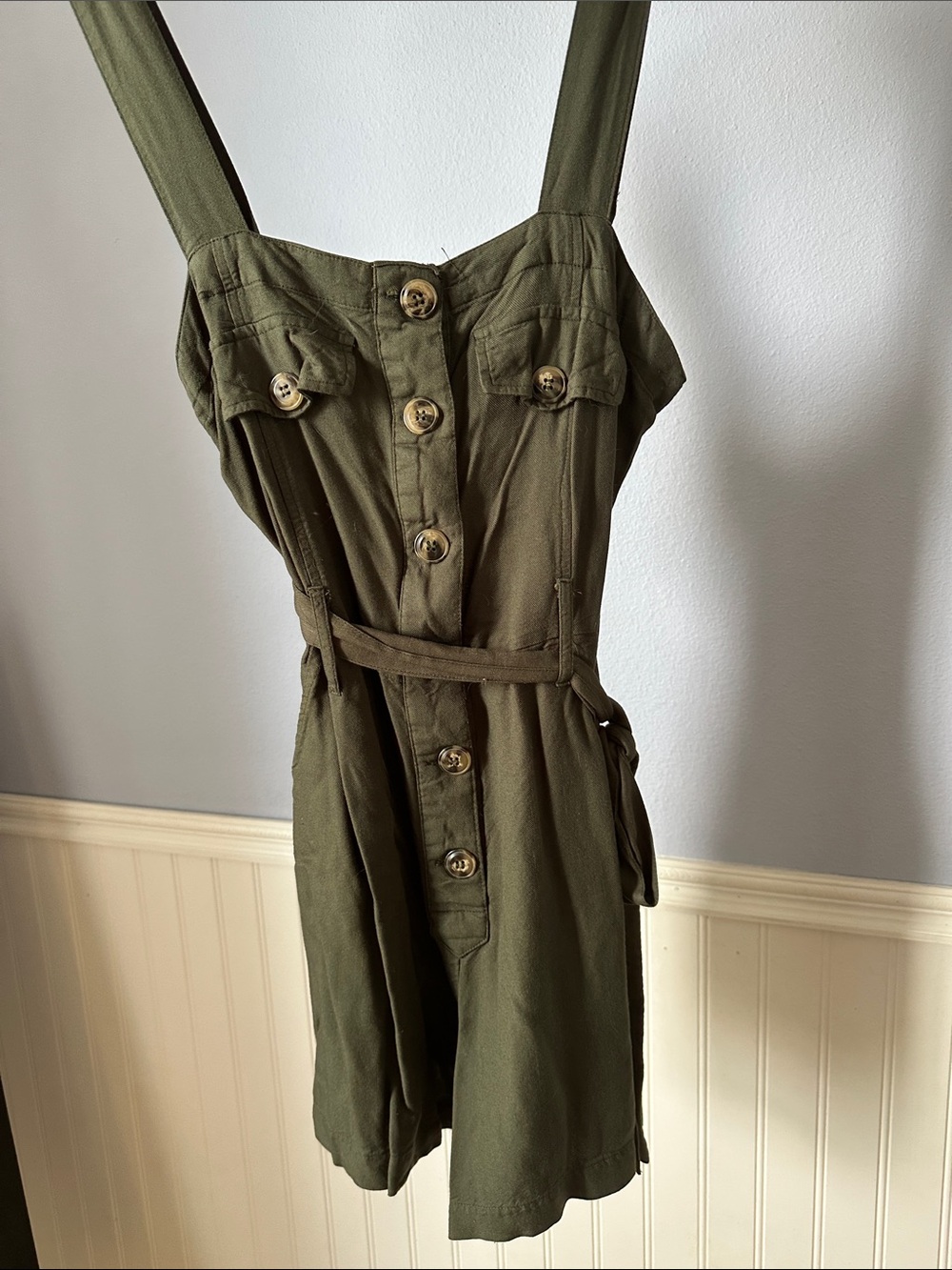 Japna Olive Green Button-Front Utility Romper with Belt